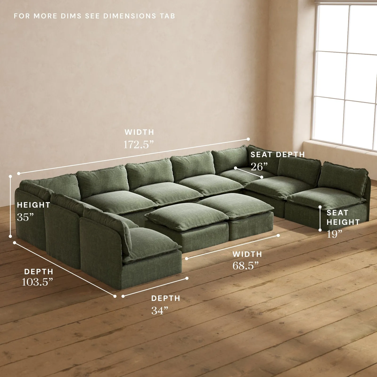 Modular Performance 9-Seater Open-Ends U-Sectional   Bench Ottoman in Willow | Deluxe Blend