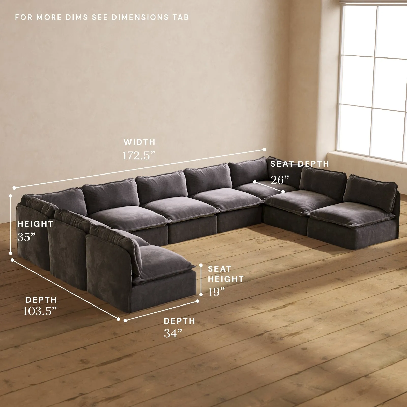 Modular Performance 9-Seater Open-Ends U-Sectional in Cinder | Relaxed Blend