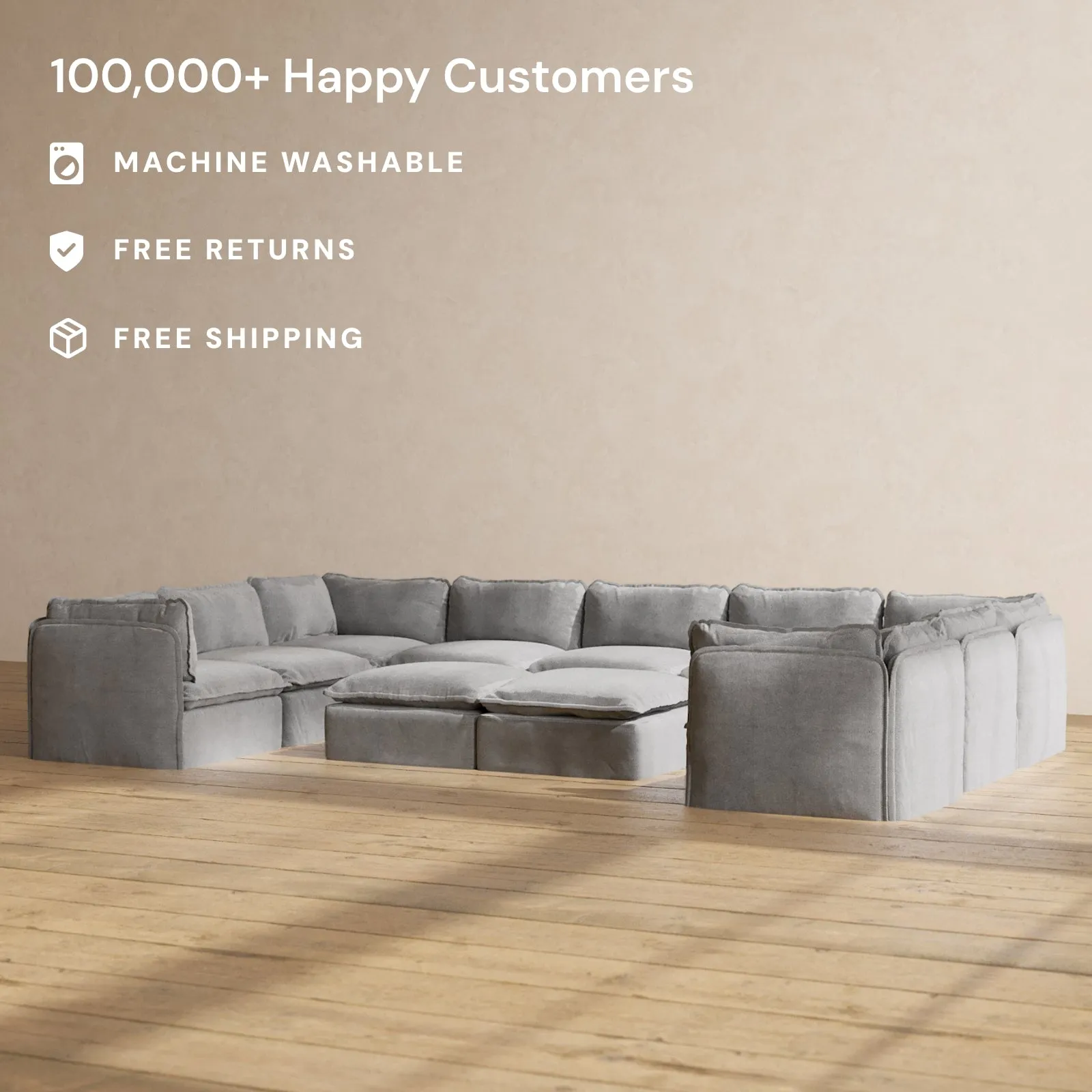 Modular Performance 9-Seater U-Sectional   Bench Ottoman in Ash | Deluxe Blend