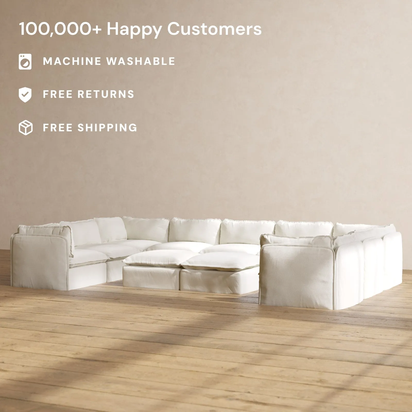 Modular Performance 9-Seater U-Sectional   Bench Ottoman in Eggshell | Relaxed Blend
