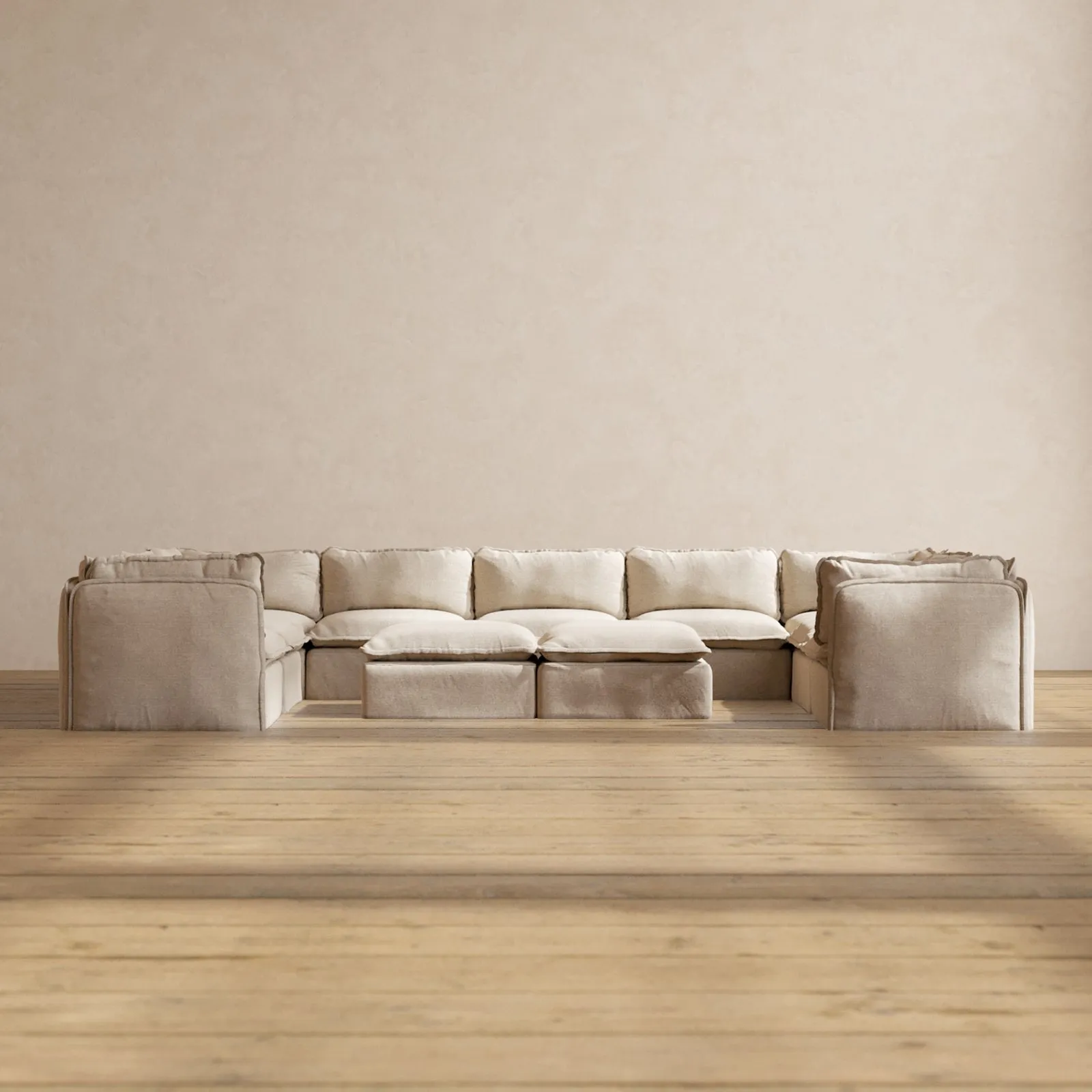 Modular Performance 9-Seater U-Sectional   Bench Ottoman in Oat | Relaxed Blend