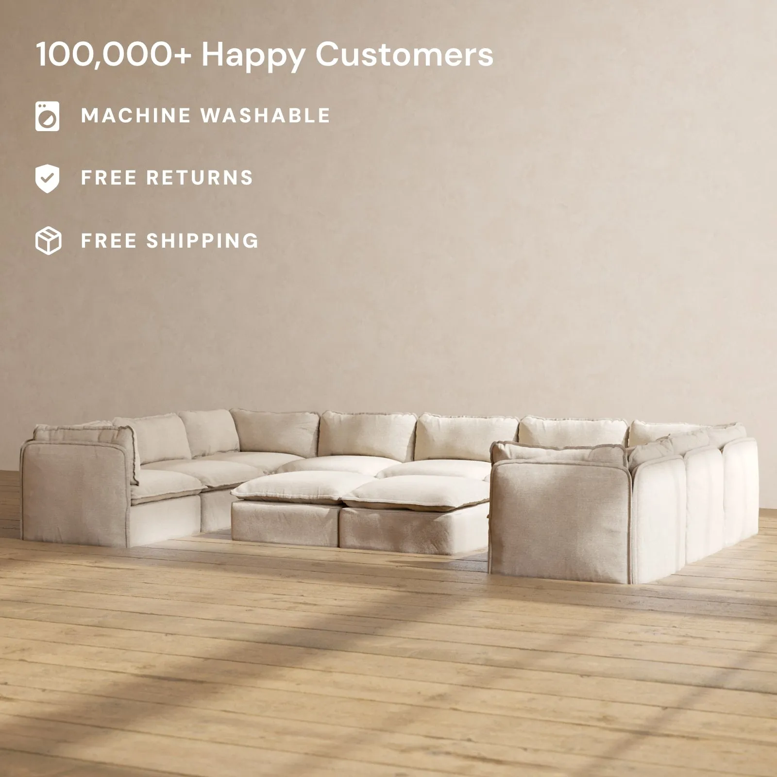 Modular Performance 9-Seater U-Sectional   Bench Ottoman in Oat | Relaxed Blend