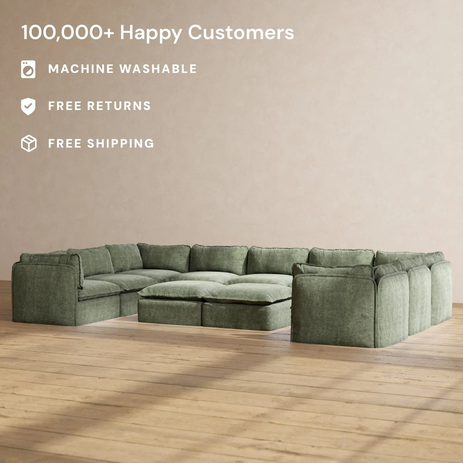Modular Performance 9-Seater U-Sectional   Bench Ottoman in Willow | Relaxed Blend
