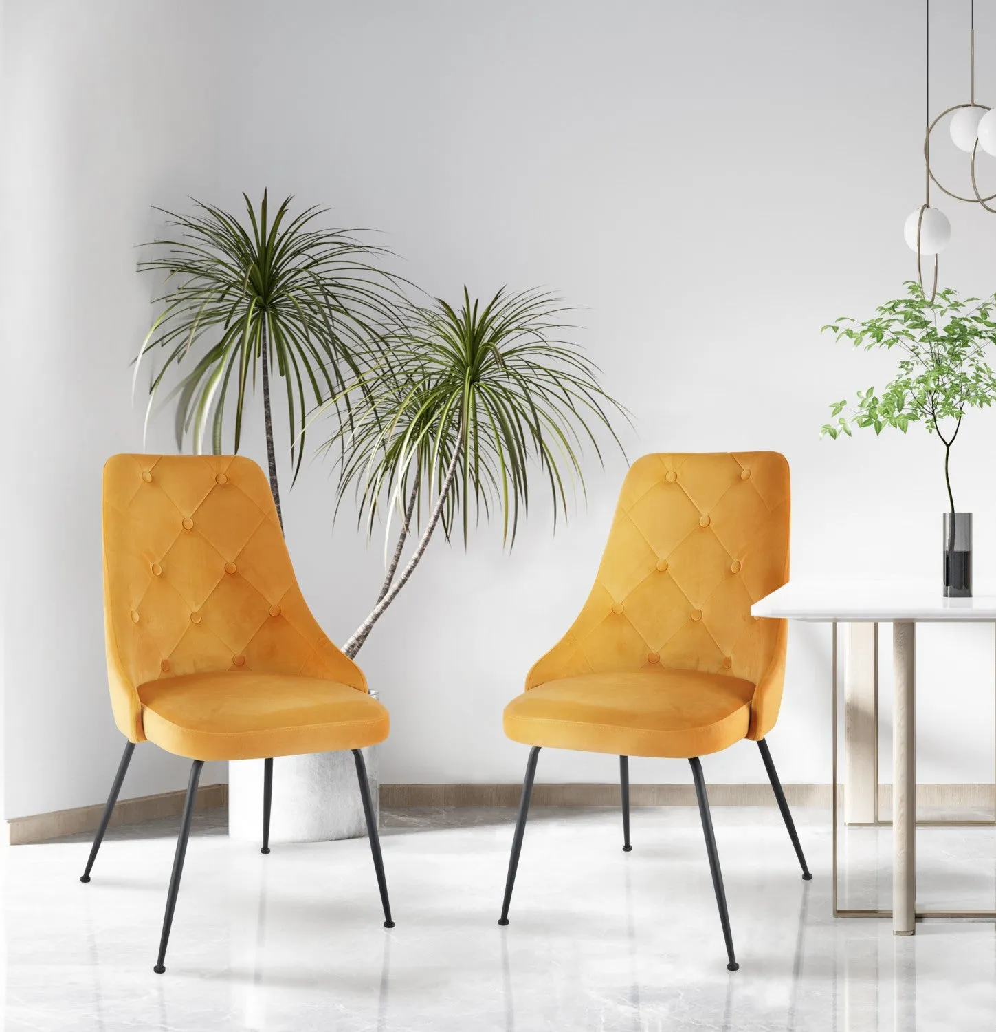 Peacock Velvet Dining Chair - Mustard Yellow/Black - Set of Two