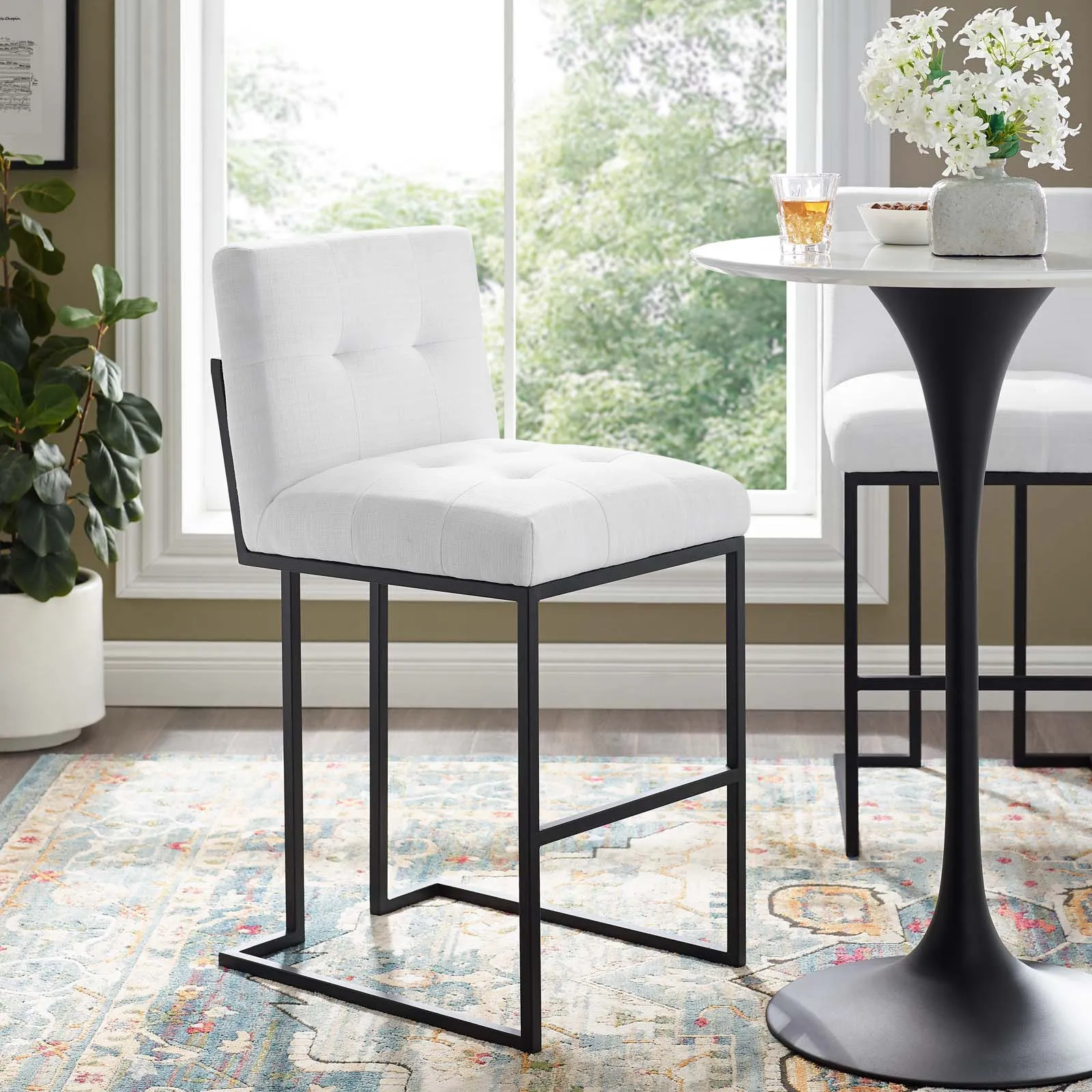 Privy Black Stainless Steel Upholstered Fabric Bar Stool by Modway