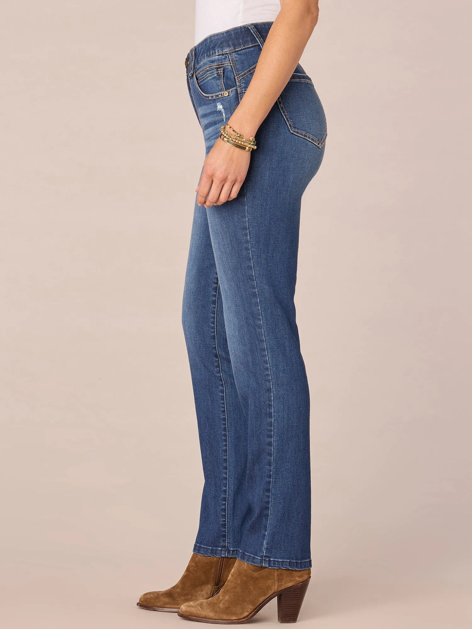 "Ab"solution Mid-Rise Straight Leg Petite Jeans with Angled Dart Seams