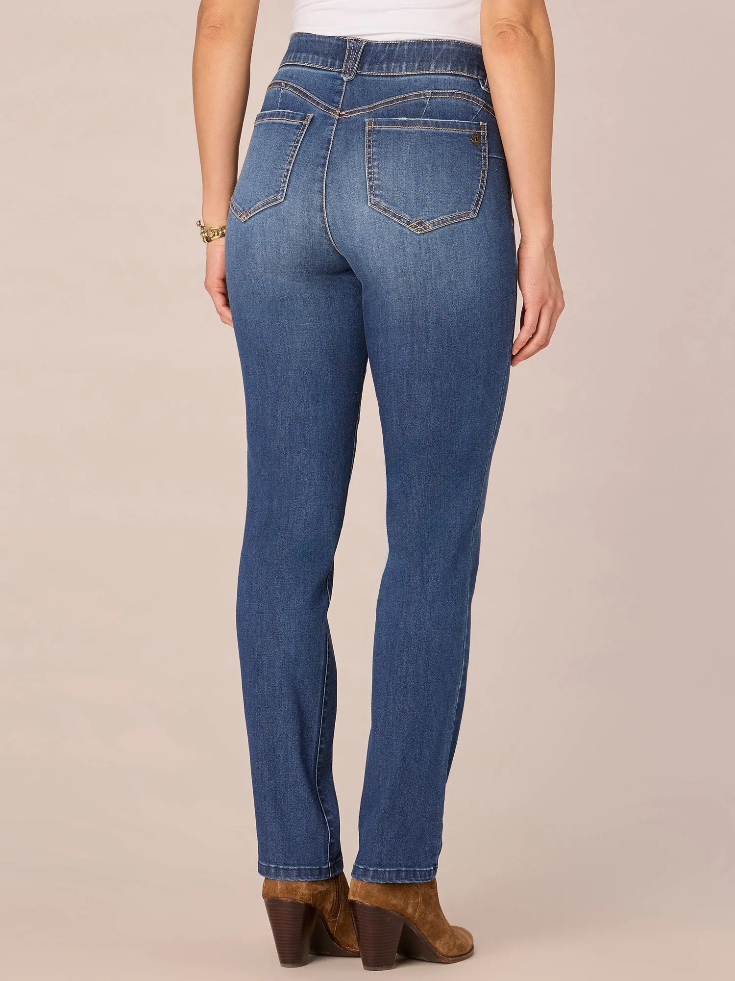"Ab"solution Mid-Rise Straight Leg Petite Jeans with Angled Dart Seams