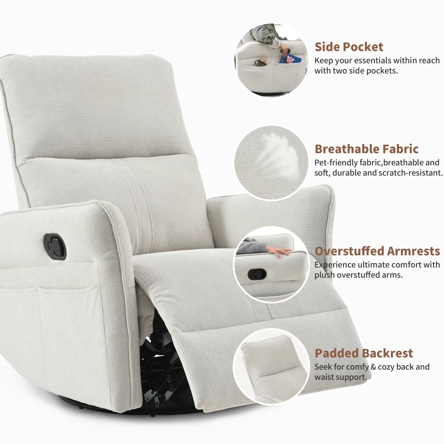 Streamdale 360 Swivel Rocker Recliner Chair - Gray Fabric