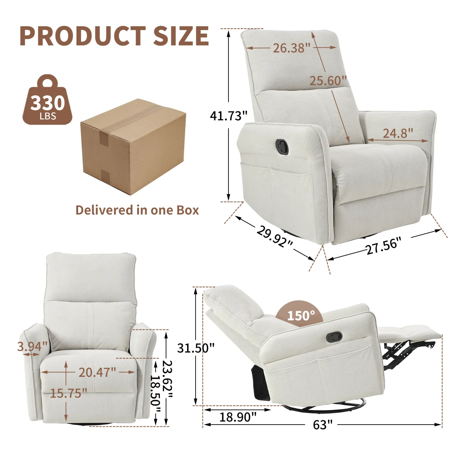 Streamdale 360 Swivel Rocker Recliner Chair - Gray Fabric