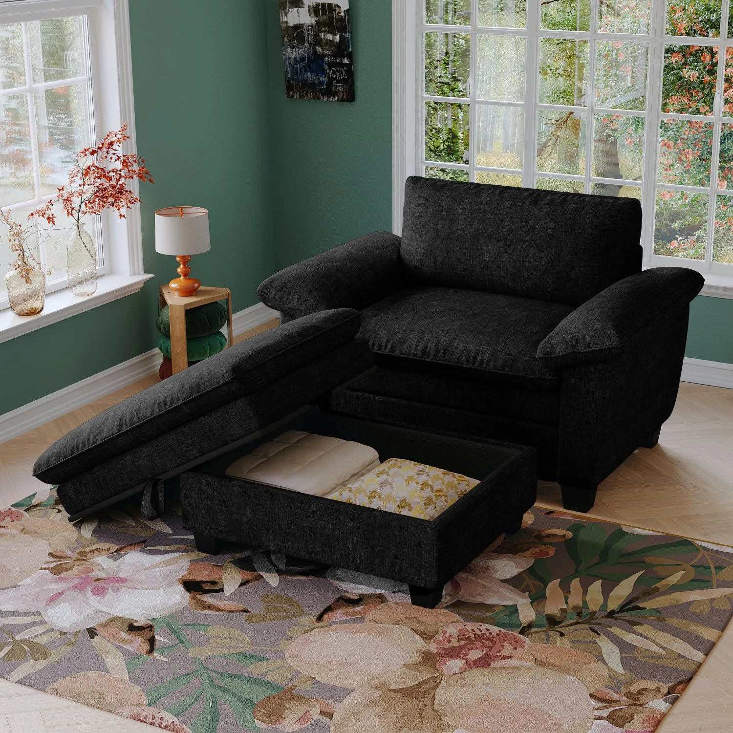 Streamdale 51" Black Chenille Chaise Lounge with Ottoman & Storage