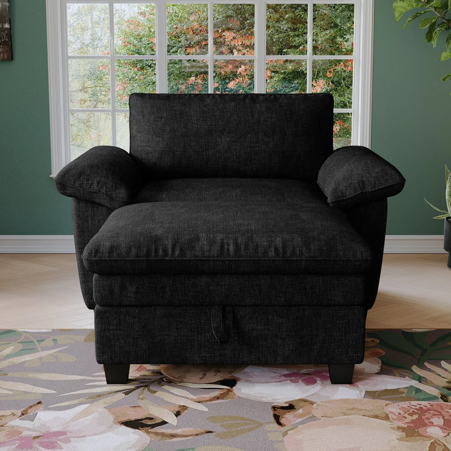 Streamdale 51" Black Chenille Chaise Lounge with Ottoman & Storage