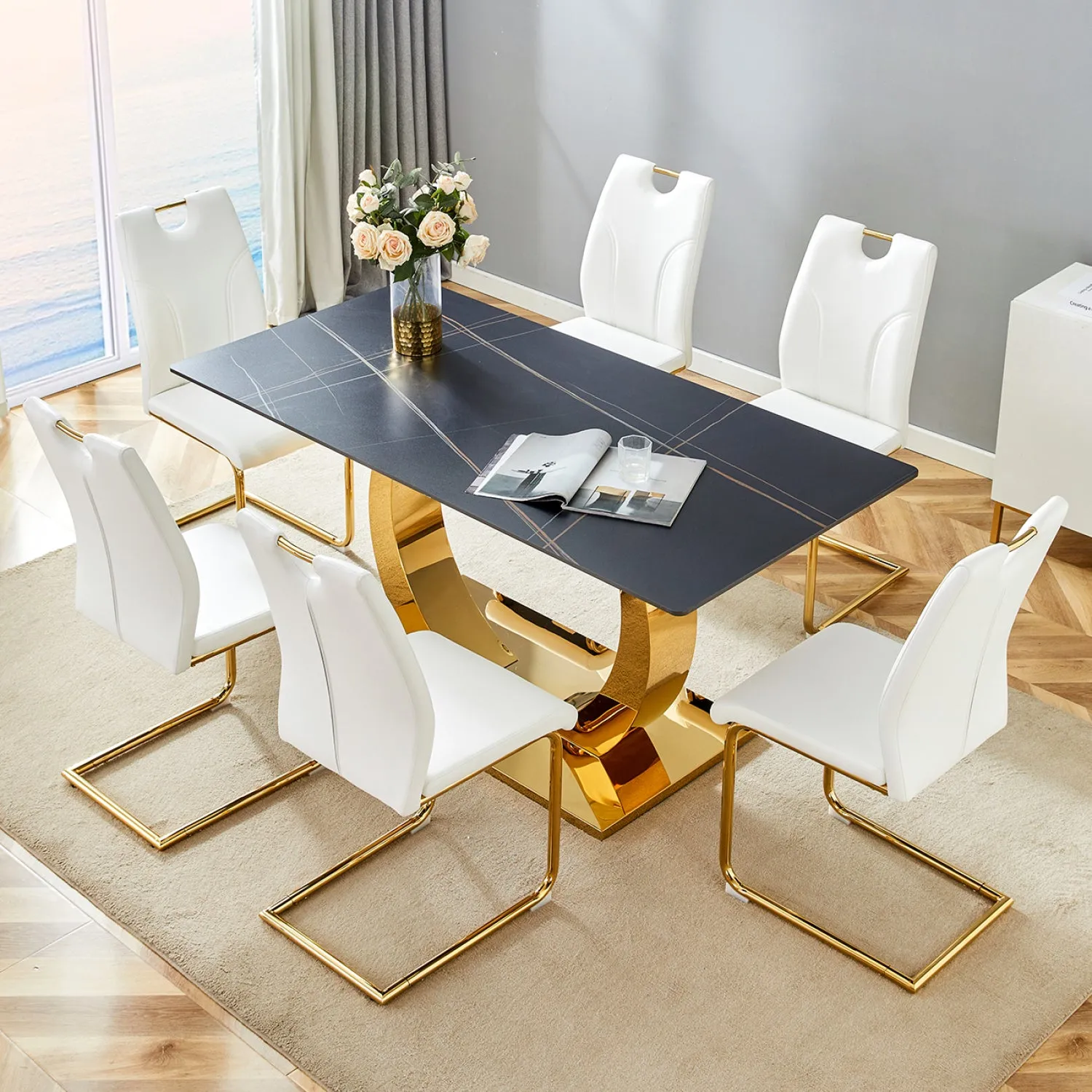 Streamdale 63" Sintered Stone Dining Set: Black Table, 6 White/Gold Chairs