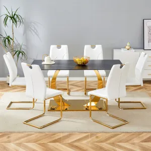 Streamdale 63" Sintered Stone Dining Set: Black Table, 6 White/Gold Chairs