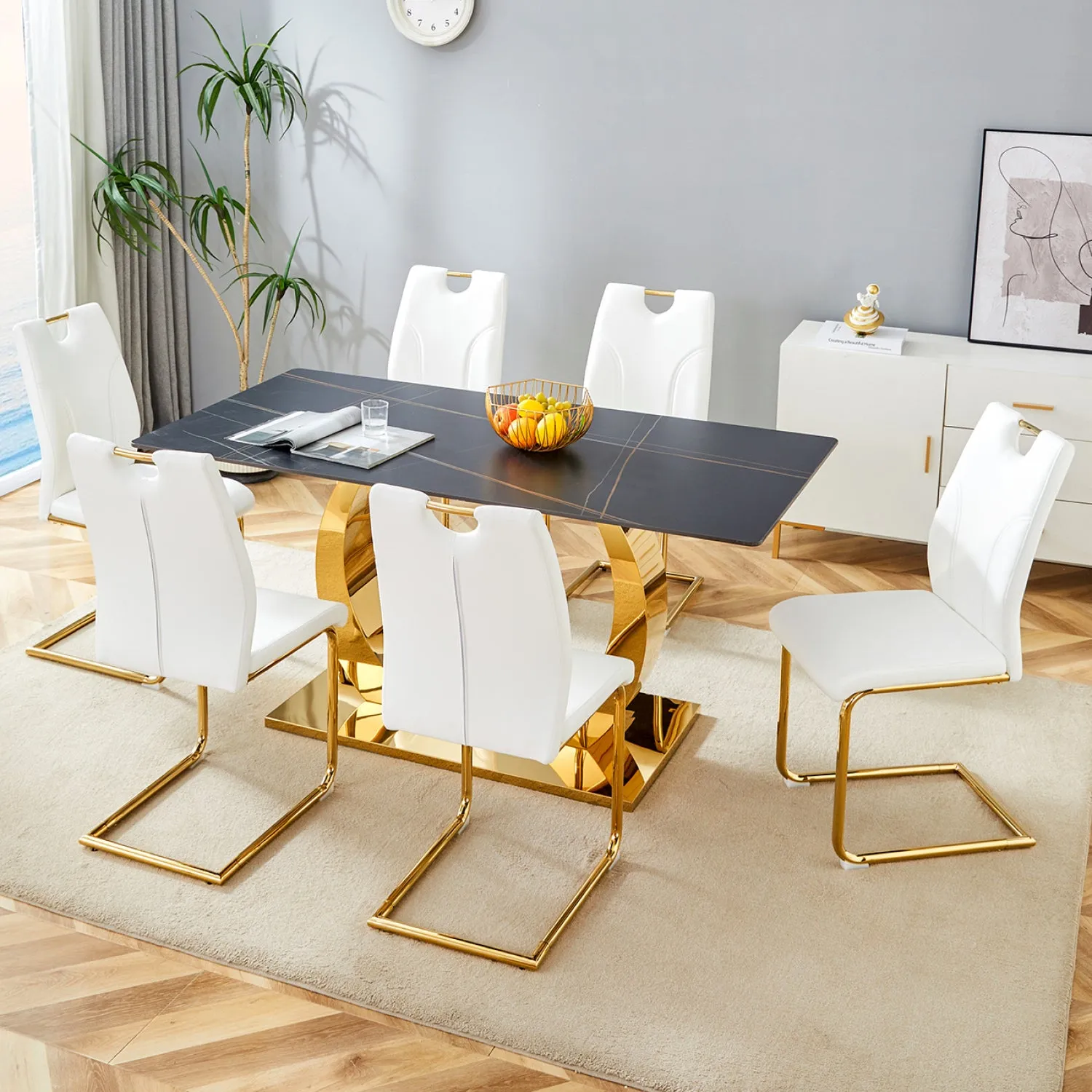 Streamdale 63" Sintered Stone Dining Set: Black Table, 6 White/Gold Chairs