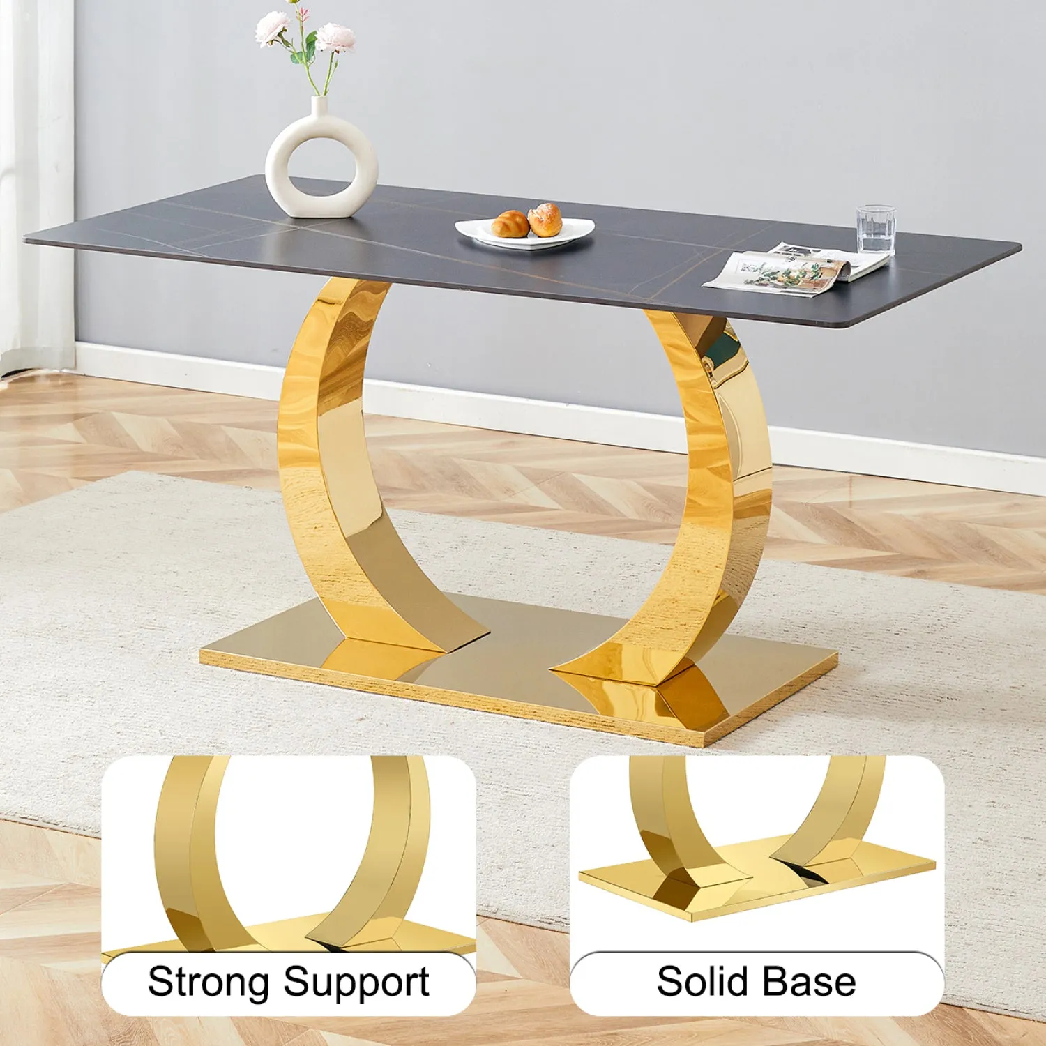 Streamdale 63" Sintered Stone Dining Set: Black Table, 6 White/Gold Chairs