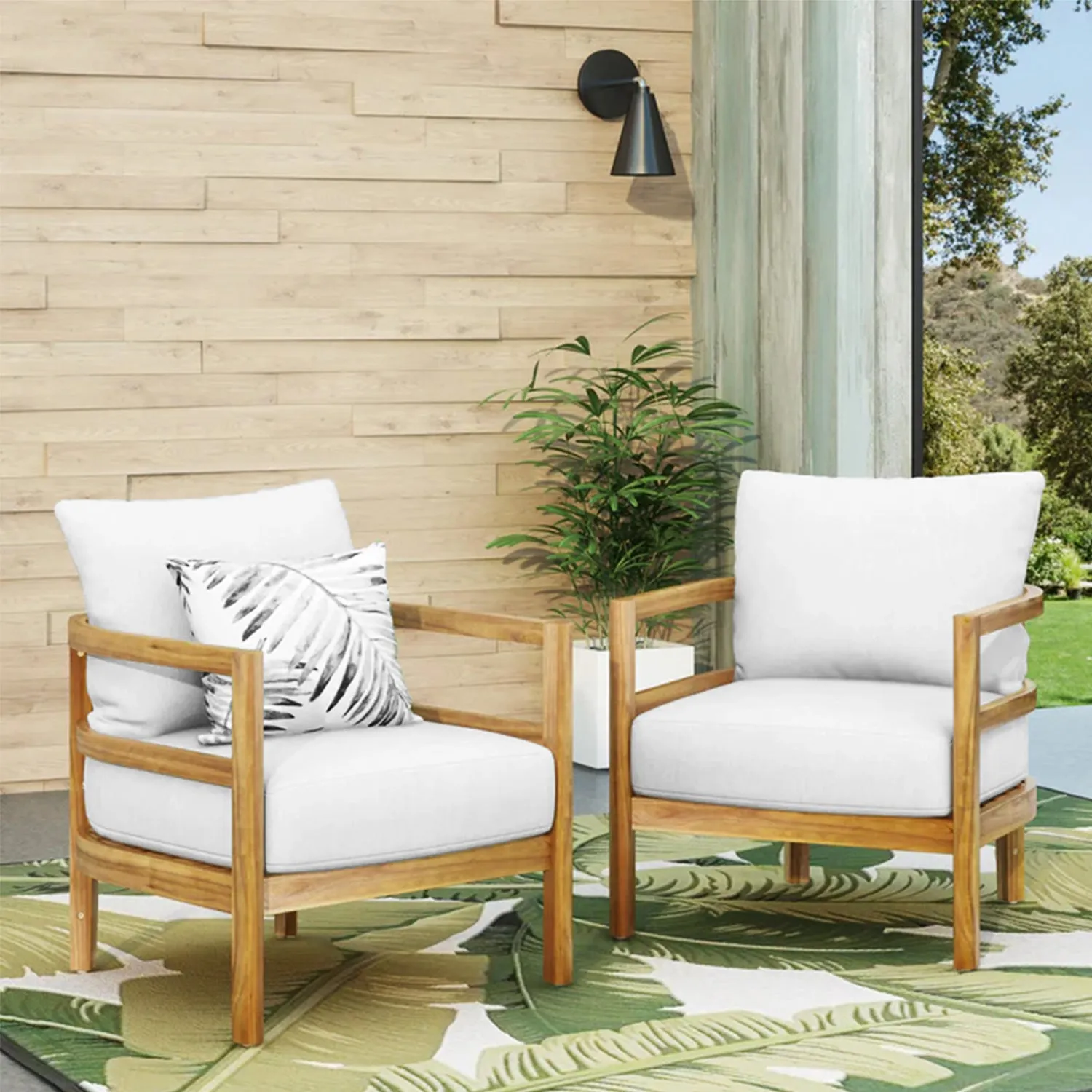 Streamdale Acacia Wood Patio Club Chairs (Set of 2) - Light Teak, White