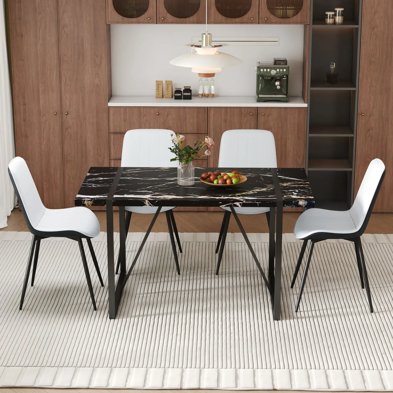 Streamdale Black Marble Dining Set - 55" Table & 4 PU Chairs