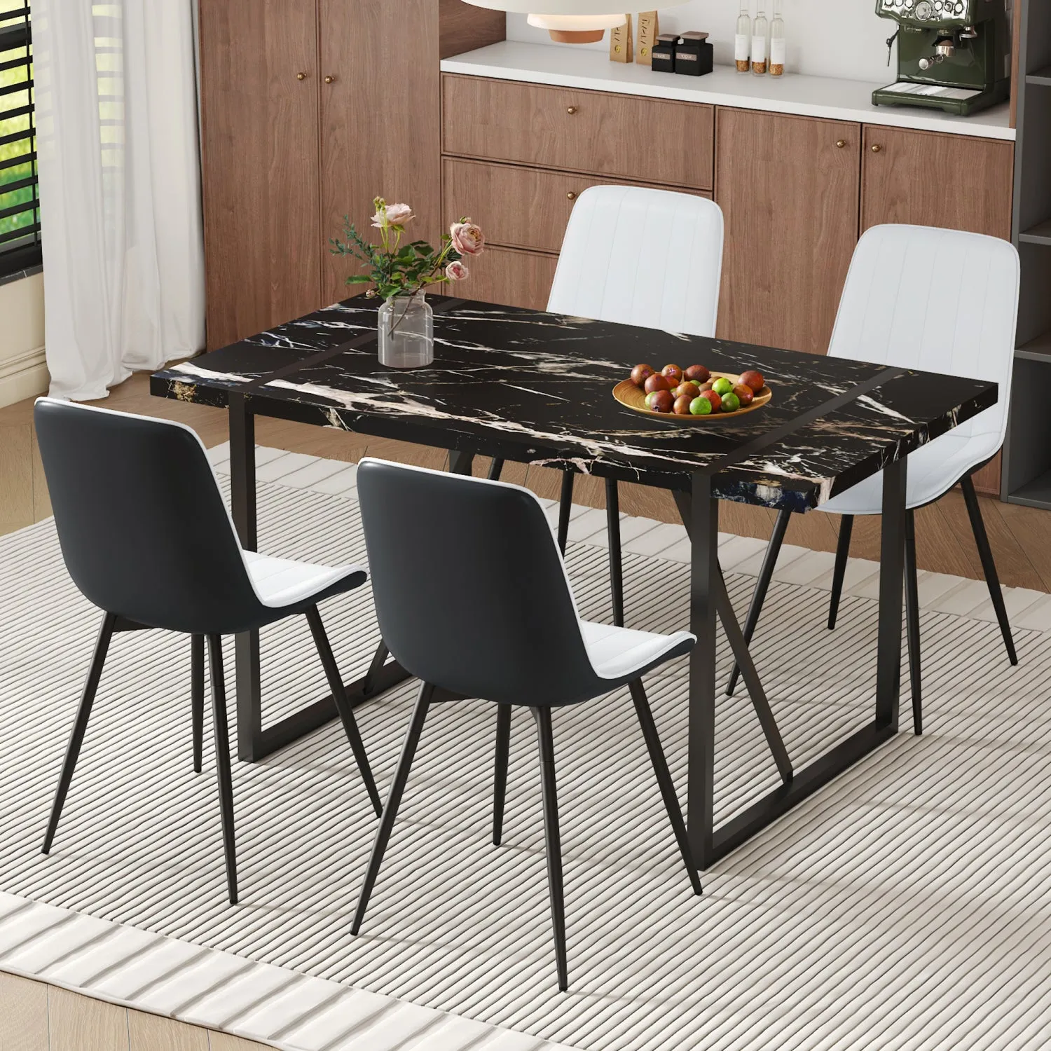 Streamdale Black Marble Dining Set - 55" Table & 4 PU Chairs