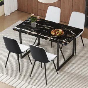 Streamdale Black Marble Dining Set - 55" Table & 4 PU Chairs