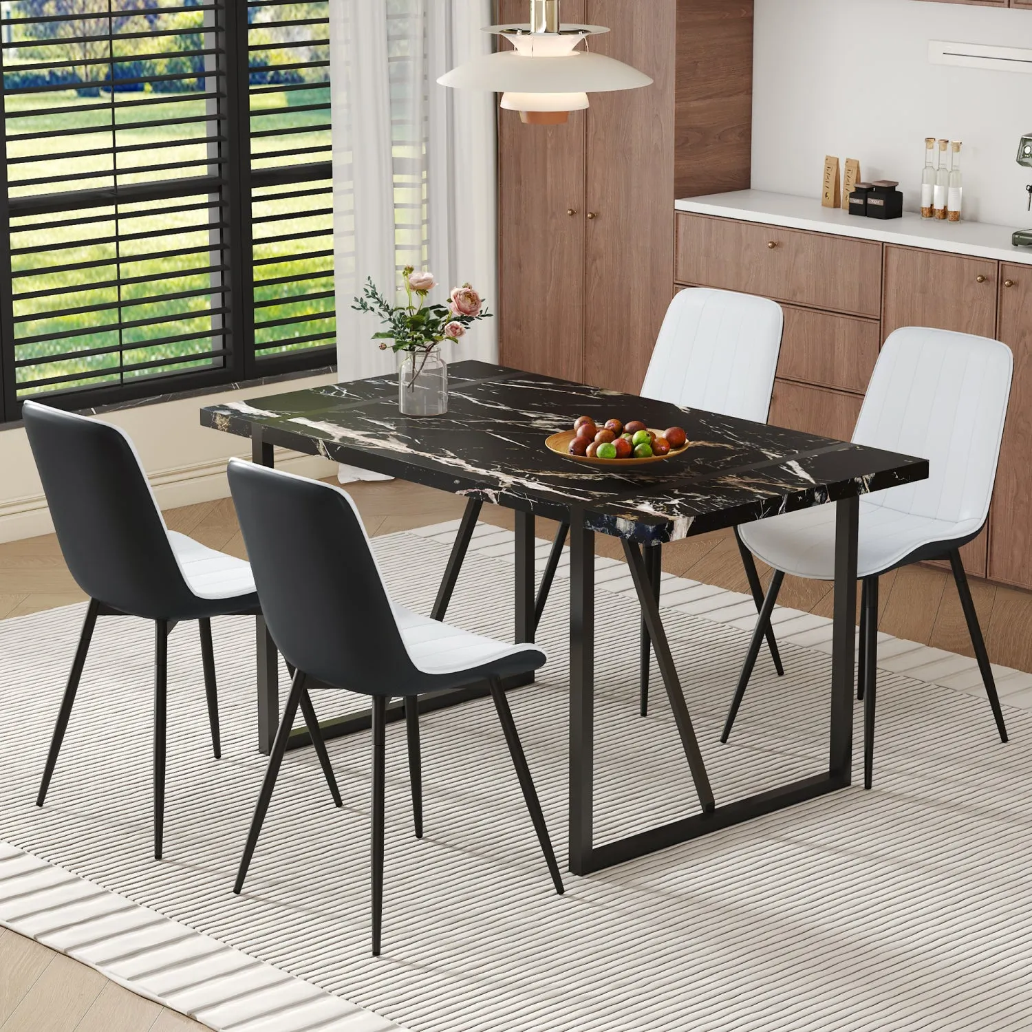 Streamdale Black Marble Dining Set - 55" Table & 4 PU Chairs
