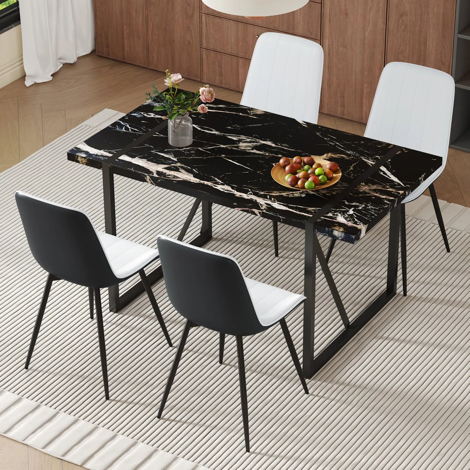 Streamdale Black Marble Dining Set - 55" Table & 4 PU Chairs