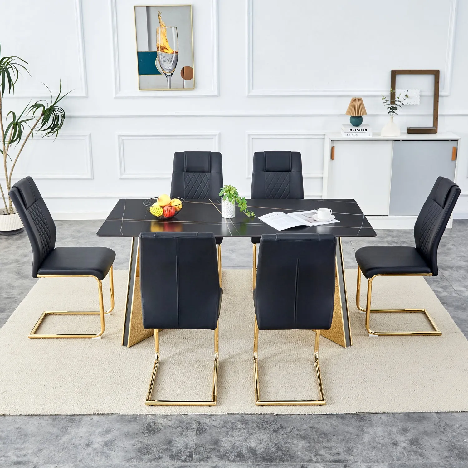 Streamdale Black Sintered Stone Table & 6 PU Chairs - Golden Accents