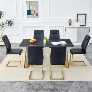 Streamdale Black Sintered Stone Table & 6 PU Chairs - Golden Accents