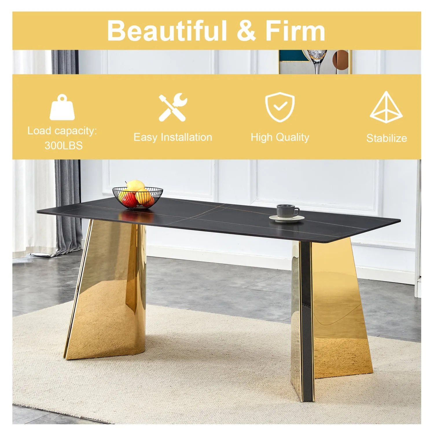Streamdale Black Sintered Stone Table & 6 PU Chairs - Golden Accents