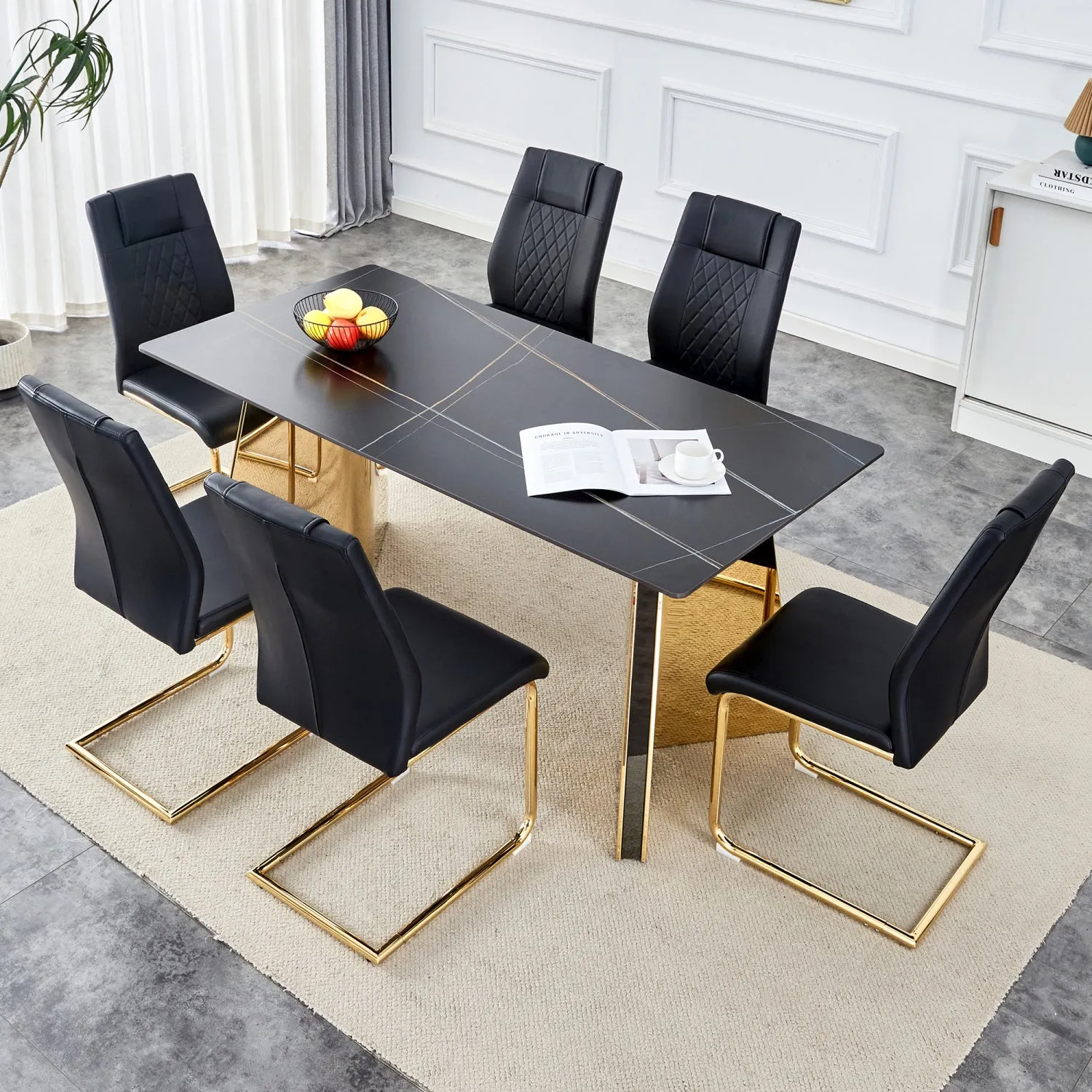 Streamdale Black Sintered Stone Table & 6 PU Chairs - Golden Accents