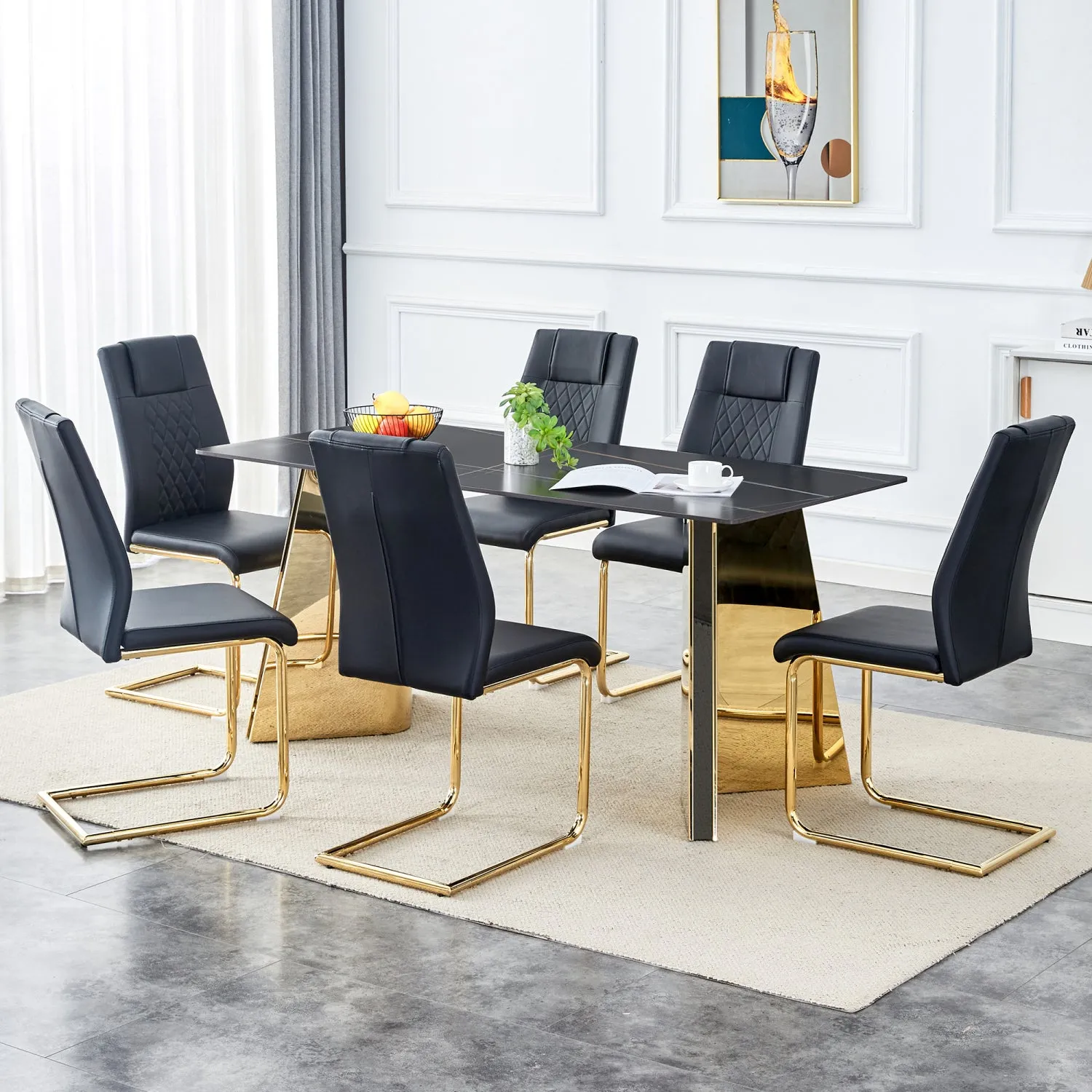 Streamdale Black Sintered Stone Table & 6 PU Chairs - Golden Accents