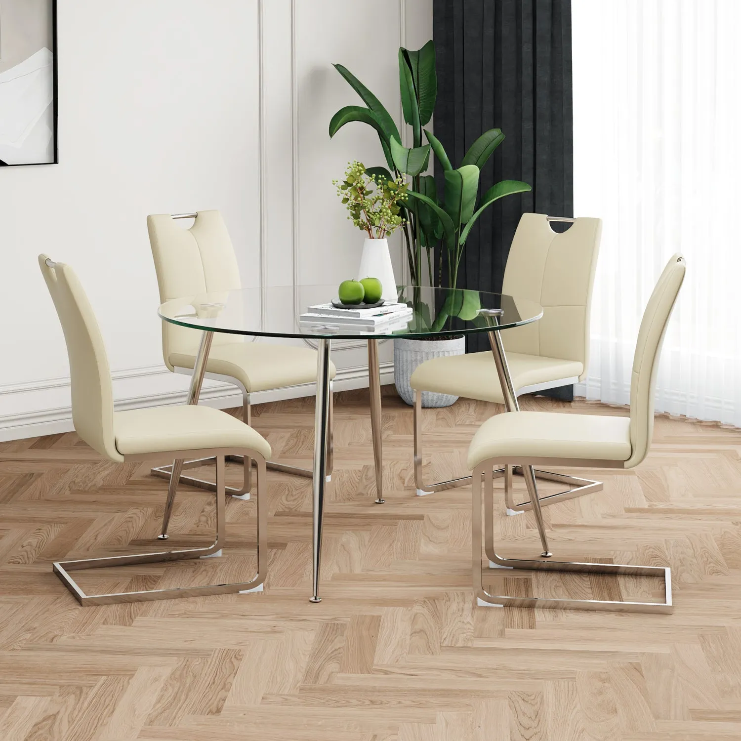 Streamdale Modern Glass Table & Yellow PU Chair Set (5-Piece)