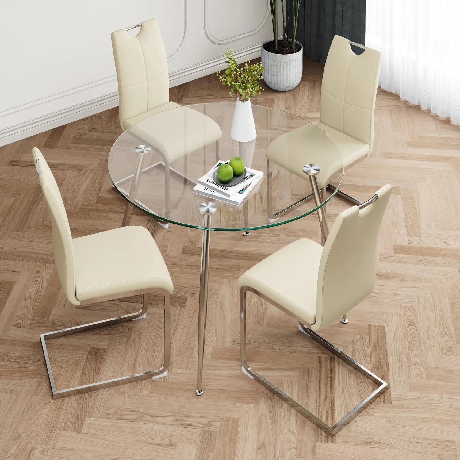 Streamdale Modern Glass Table & Yellow PU Chair Set (5-Piece)