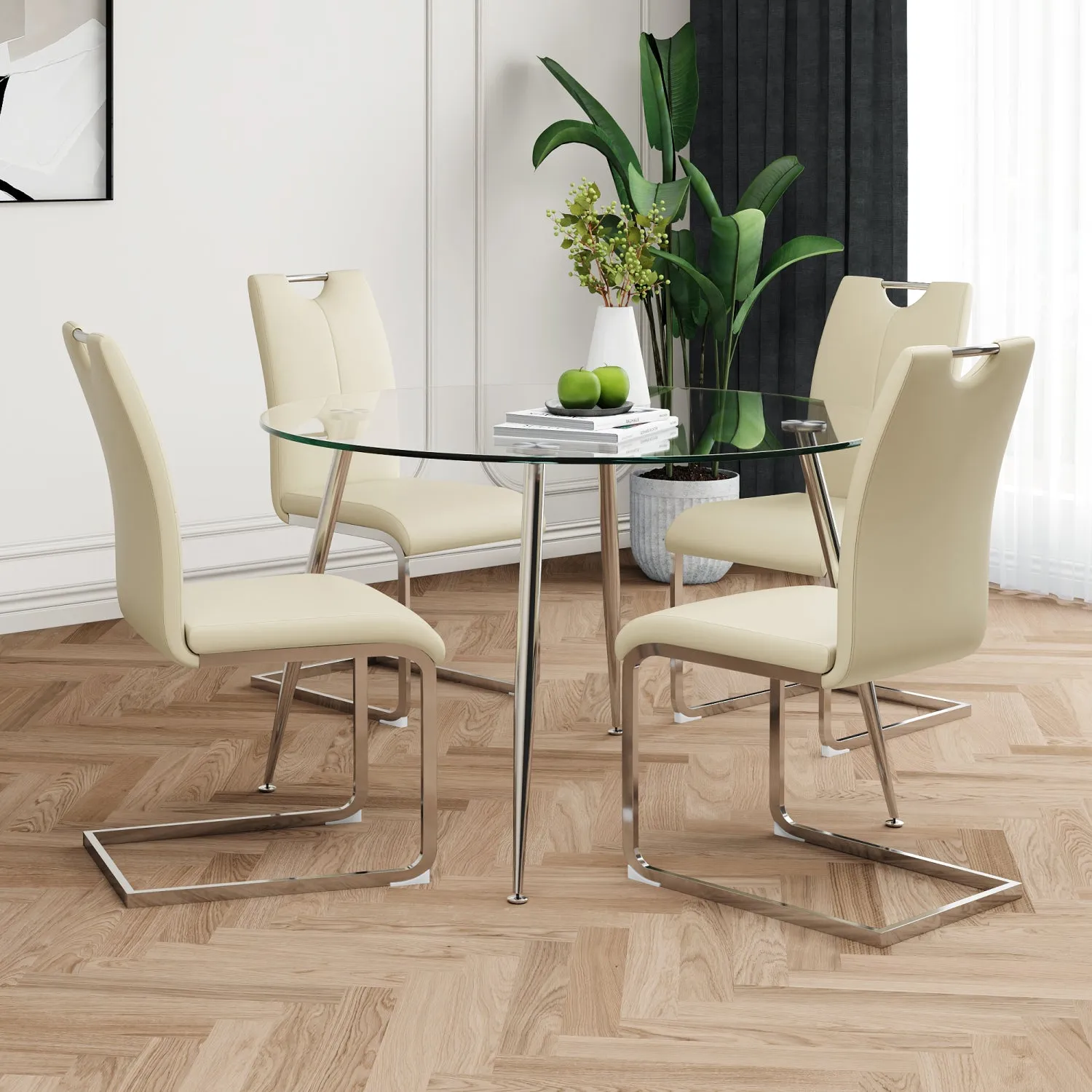 Streamdale Modern Glass Table & Yellow PU Chair Set (5-Piece)