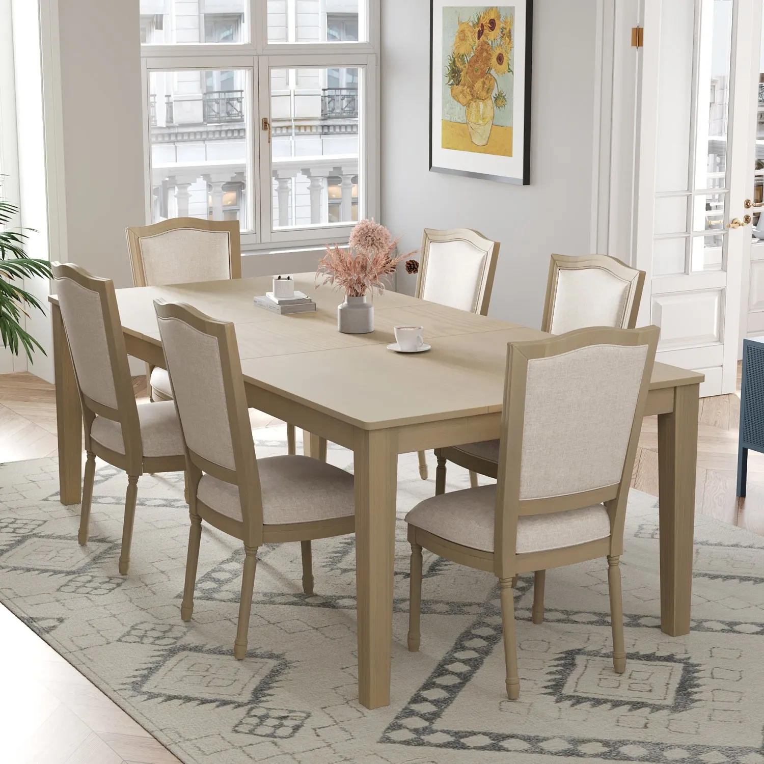 Streamdale Rustic Extendable Dining Set: Table, 6 Chairs, Drawers
