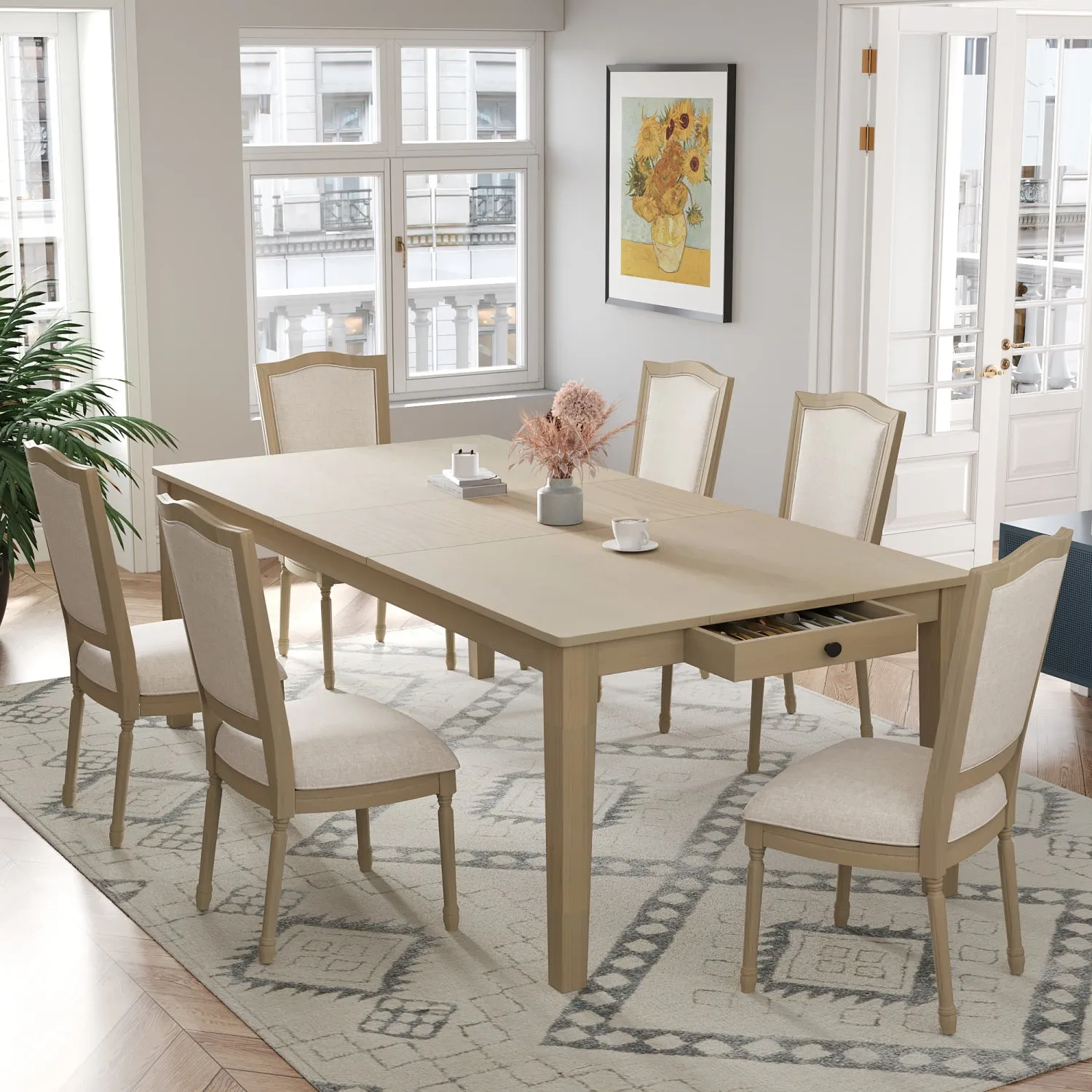 Streamdale Rustic Extendable Dining Set: Table, 6 Chairs, Drawers